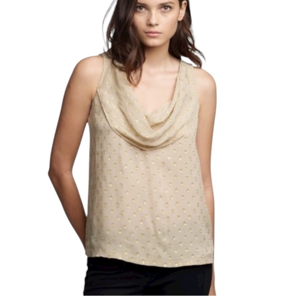 NWT J. Crew Silk Beige Metallic Gold Dot Cowl Neck Sleeveless Top - 14